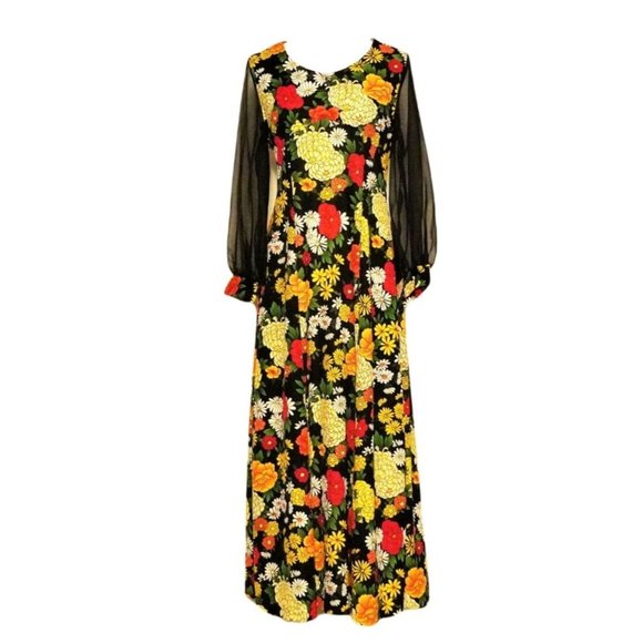 Vintage Reiner of Chicago Dresses & Skirts - Floral Dress, Maxi Dress, Sheer Black Sleeves, Reiner of Chicago, Flower Power,